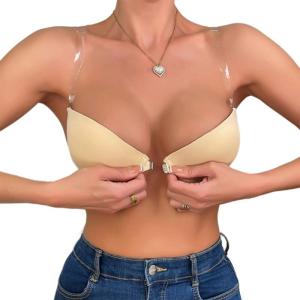 Womens Front Closure Invisible Backless Bra With Detachable Clear Straps Push Up Padded Plunge Bra For Sheer Outfits