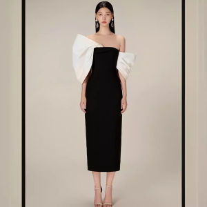 New bow French elegant high-waisted dress