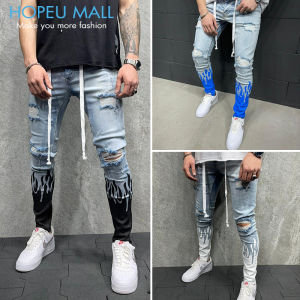 HOPEU Skinny Ripped Jeans for Men Long Pants Man Torn Slim Fit Fashion Flame Printed Long Pent for Men Skinny New Style Denim Trousers Elastic Jogger Jins Zipper Casual Jeans 牛仔裤男