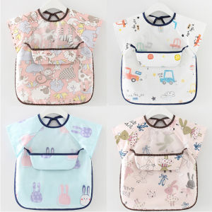 ผ้ากันเปื้อนเด็กทารกแบบ Eva กันน้ำเสื้อแขนสั้นปรับได้สำหรับเด็กแรกเกิดผ้ากันเปื้อนเด็กพิมพ์ลายการ์ตูนพร้อมกระเป๋าทำความสะอาดง่าย