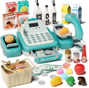 49PCS Pretend Play Cash Register Toy Set for Kids with Real CalculatorScannerMicrophoneConveyor BeltWeighing ToolCashier Playset Realistic Gift for Toddler Kid Ages 3 4 5 6 7 8 (Green)