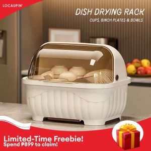 Elegant PP Plastic Kitchen Dish Rack with Top Ventilation Hole and Transparent Lid - Large Capacity Dust & Insect Proof