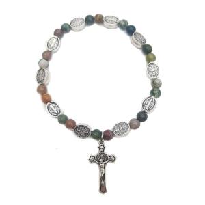 Cross-Charms Beaded Rosary Bracelet Catholic Strand Beads Wristband Adjustable Elastic Chain for Women Men