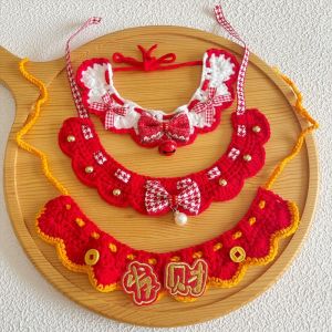 OUTOPEN Phim hoạt hình Khăn cho thú cưng phong cách Trung Quốc Làm thủ công Hài hước Trang phục chó năm mới May mắn Cổ áo trang trí Khăn len đan hình mèo Trang trí lễ hội