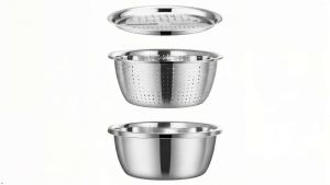 Multifunctional Stainless Steel Basin 3-in-1 Stainless Steel Shredding & Drainage Chopping Basin with Grater Lid Colander & Mixing Bowl for Vegetables Fruits & Rice Rinser (26CMThree-piece set)