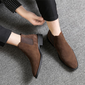 YCHION Men Chelsea Boots Suede Martin Boots Short Boots Trendy British Pointed High-top Mens leather shoes Size 36-46