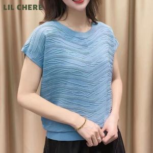 LIL CHERE Korean Ice Silk Knitted T-shirt for Women New Style Short-sleeve T-shirt Loose Casual Top