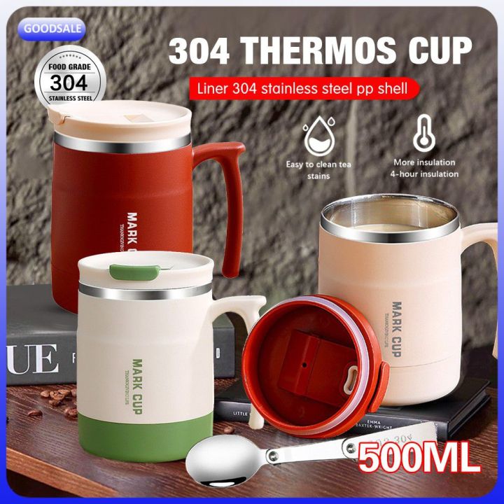 【Low Price】500ml Thermal Coffee Mug 304 Stainless Steel Double Wall Mark  Cup With Spoon Cold Hot Water Drinks Metal Tumbler Tea Milk Cup With Handle 