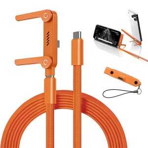 240W Type C Cable Fast Charging & Type C Connector with Foldable Phone Stand 1.5M/4.9Ft Flat PVC USB C Cable with 480Mbps Data Transfer for iPhone 17/16/15 Galaxy S26/S25/S24