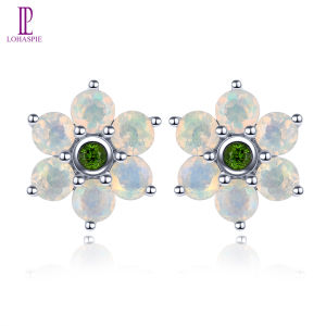 Lohaspie Jewelry Real 1.2 Carats Silver Earrings 925 Silver Natural Opal Chrome Diopside Stud Earring Opal Birthstone Earring For Women Jewelry Wedding Gift