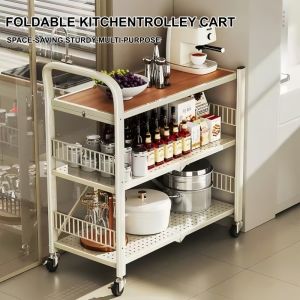 3‑Tier Foldable Kitchen Trolley Cart No‑Install Rolling Storage Rack With Lock Wheels Wooden Top Home Organizer