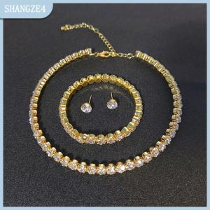 【SHANGZE4】 4 cái bộ Phụ Nữ Pha Lê Trang Sức Set Cho Phụ Nữ Quyến Rũ Vòng Cổ Vòng Đeo Tay Stud Bông Tai Trắng Zircon Chuỗi Vòng Cổ