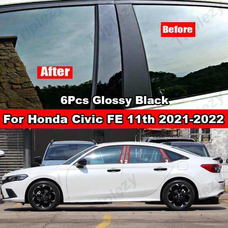Gloss Black Window BC Pillar Post Trim Covers – For 2022 Honda Civic Sedan (6-Piece Set)