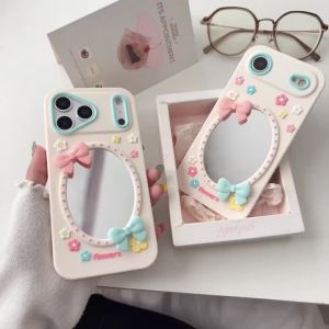 Cute 3D Flower Makeup Mirror Phone Case For iPhone 17 Air 16 15 14 13 12 11 Pro Max Plus Soft Silicone Cover