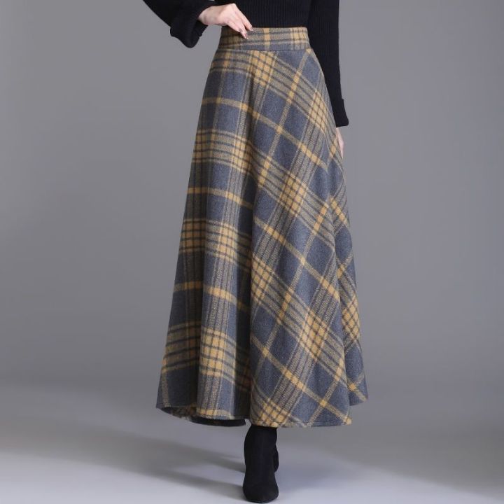 Womens New Woolen Plaid Skirt In Autumn And Winter Thick High Waist A