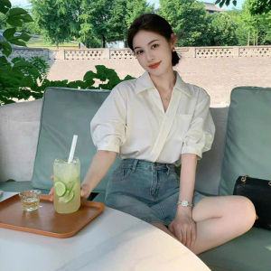[KÈM ẢNH THẬT] Áo Sơ Mi Ngắn Tay Nữ Cổ Chữ V Chéo Áo Sơ Mi Cộc Tay Basic Hàn Quốc Mùa Hè - A034