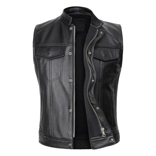 Classical Motorcycle Biker Leather Vest Men Genuine Leather