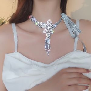 MYCOLOR Shiny Rhinestone Flower Necklace Crystal Tassel Hollow Lace up Necklace Headband Accessories Exaggerated Necklace Bride