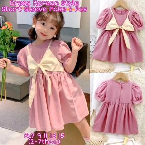 DRESS ANAK PEREMPUAN KOREAN STYLE LENGAN PENDEK FAKE 2 PCS (VEST NEMPEL)