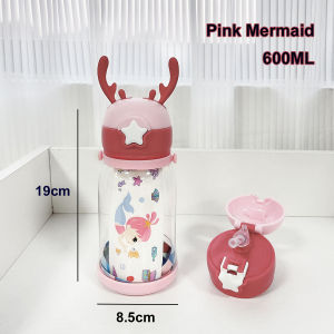 600ML Kid Straw Sippy Cup Cute Cartoon Antler Nursing Feeding Water Bottle Leak Proof Adjustable Strap Kid water bottle