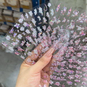 ZEEMIN 6Pcs/set 3D Laser Pink Butterfly Flower Nail Sticker Holo Hibiscus Ribbon Bow Nail Art Decal Super Beautiful Manicure Slider Dec