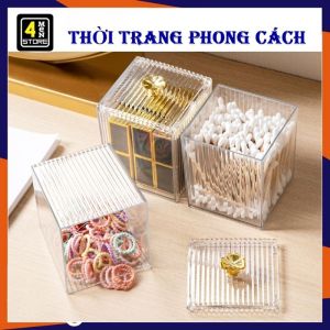 Hộp Đựng Bông Tẩy Trang Bông Tăm  Đồ Trang Điểm  Trang Sức Bằng Nhựa Mica Trong Suốt Núm Vàng Cao Cấp - Hộp Nhựa Trong Đựng Đồ Đa Năng