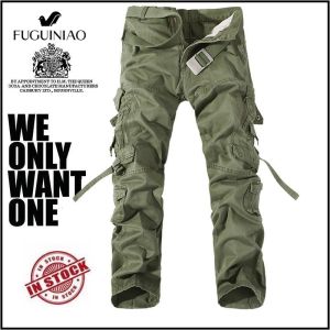 Fuguiniao High quality  Fashionable 100% Cotton Male Pants Multi-Pocket Solid Mens Cargo Pants Good Quality Mens Pants  army green big pockets decoration mens Casual trousers easy wash male autumn army pants for male