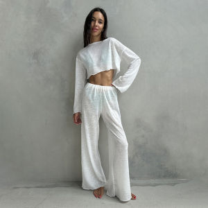 2026 White Knitted Pajamas 2 Set   Thin loose Casual Long Sleeve Home Clothes