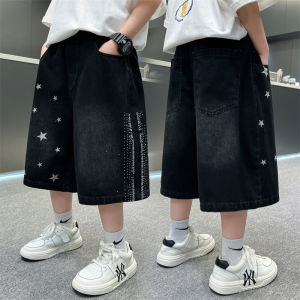Kids Vintage Black Denim Shorts For Boys Casual Summer Shorts Teenager Children Retro Straight Knee-Length Printing Jeans Pants
