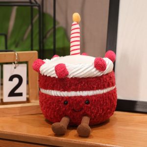 JOJO CASTLE Sweet Cherry Birthday Cake Plush Toy Stuffed Food Dessert Pillow Kawaii Red Velvet Cake Plushie with Candle Party Decoration Creative Gift
