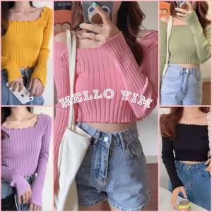 [ส่งเร็วพิเศษ!] Hello Yim  เสื้อไหมพรมคอวี ผ้าร่องใหญ่แขนยาว ดีเทลแต่งหยัก สีพาสเทลหวานจับใจ No.2020-2