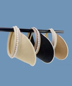 EMS fashion Feel Summer Beach Solid Color Pearl Straw Cap Breathable Empty Top Hat All-match Surprise Valentines Day Gift for Girlf