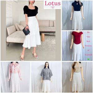 Lotus Áo Thun Đỏ Đô Cherry Cổ Lệch Xếp Ly Eo Tay Ngắn Dáng Ôm Body Và Chân Váy Dáng Dài Màu Trắng Thanh Lịch Cho Nữ Đi Làm Đi Chơi Dự Tiệc Đều Xinh