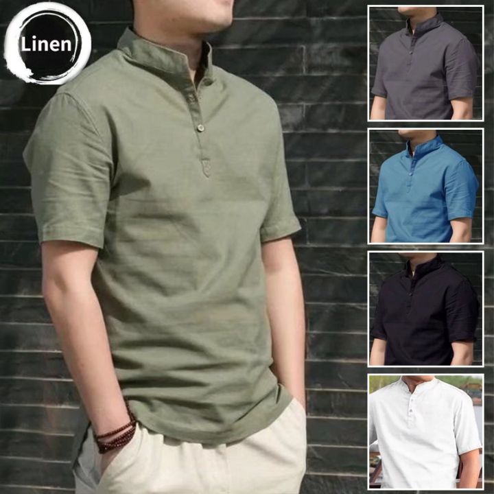 Menswear Solid Short Sleeve Stand Collar V-shaped Slim Summer T-shirt  Buttons