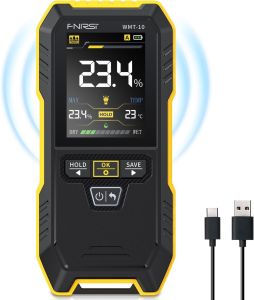 FNIRSI WMT-10 Rechargable Wood Moisture Meter Pinless Moisture Meter for Wood Wall Firewood Support Data Hold and Record Flashlight Humidity Detector for Lumber Concrete Building