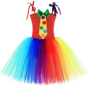 Circus Clown Costume for Girls Carnival Festival Halloween Dress Up Outfit Kids Colorful Rainbow Funny Clown Tulle Tutu Dress2026