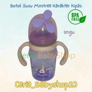 Minitree Botol Susu Bayi Regular Neck 150ml Model Tutup Bentuk Kipas untuk Usia Bayi 3 Bulan Keatas Baby Feeding Bottle Unik with Handle Dengan Gagang Unik Lucu Bahan PP Sangat Tebal Berkualitas Sudah BPA Free Antipecah dan Bisa Direbus