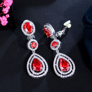 SEQUITO Elegant Women Non Pierced Ear Jewelry White Gold Plated Pave Setting AAAAA Cubic Zircon Red Crystal Stone Waterdrop Pendant Long Clip Earrings SE864