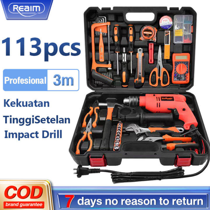 Reaim Pcs Hand Toolset Tool Kit Set Toolbox Cordless Drill Set Kotak Alat Multifungsi Bor