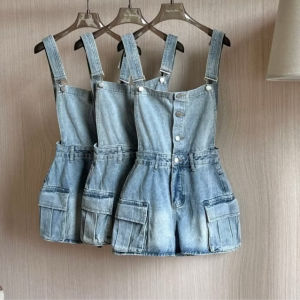 TIENSTYLE-Quần Yếm Short Jean 4 Nút Túi Hộp Hai DâyYếm Quần Bò Trơn Nút Thân-NữWomen
