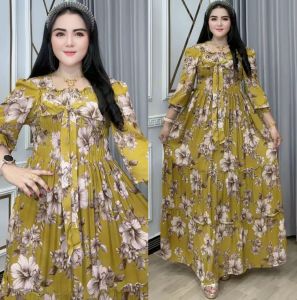 Dress Wanita Smok Pita Widahliya Motif Bunga Katun Rayon – All Size LD 110 PB 135 Lengan Panjang