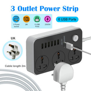 Universal Power Strip Power Socket 6 USB Output 3.4A Fast Charging With 2M/4M/5M Cable Power Wall Charger Adapter 2500W UK Plug