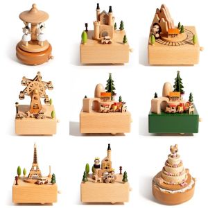 MINIFELE 262 Carousel Wooden Music Box Retro Wood Craft Music Box Ornaments Creative Rotary Music Box Valentines Day