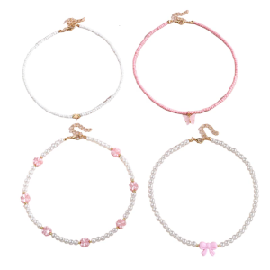 4Pcs/Pack Girls Butterfly Pearls Beaded Necklace Set Adjustable Length Neckchain Handmade Kids Accessories Gift