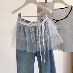 White Flower Lace Half Skirt Womens Autumn Winter Ballet Style Sweet Butterfly Knot Tie Outerwear Layering Skirt