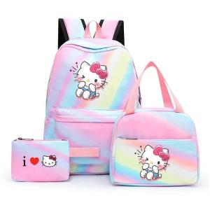 ZEEMIN Halloween Christmas Sanrio Hello Kitty Cute Student Three-piece Backpack Teenage Students Fashion Lunch Bag Multifunction College Large-capacity Bag