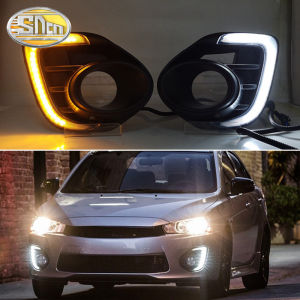 SNCN 2PCS 12V Car LED Daytime Running Headlamps For Mitsubishi Lancer 2016 2017 2018 2019 12V Daylights Yellow Turn Signal DRL Auto Foglamp