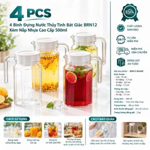 Bộ 4 Bình Thủy Tinh Sọc Đựng Nước Có Nắp Đậy Và Tay Cầm 500ml BRN10