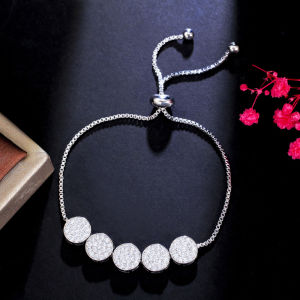 SEQUITO High Quality Rose Gold Plated Adjustable Chain Slider Bracelet with 5 Pcs Round Charm Full Micro Paved White AAA Cubic Zirconia Fashion Simple Bangle Jewelry for Women Girls B168