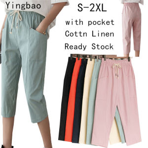 Yingbao Short Pants with Pocket Plus Size Women Cotton Linen Shorts Korean Style Elastic High Waist Thin Loose Casual Ladies Summer Haren pants Solid Plain Color Home Outdoor Wear